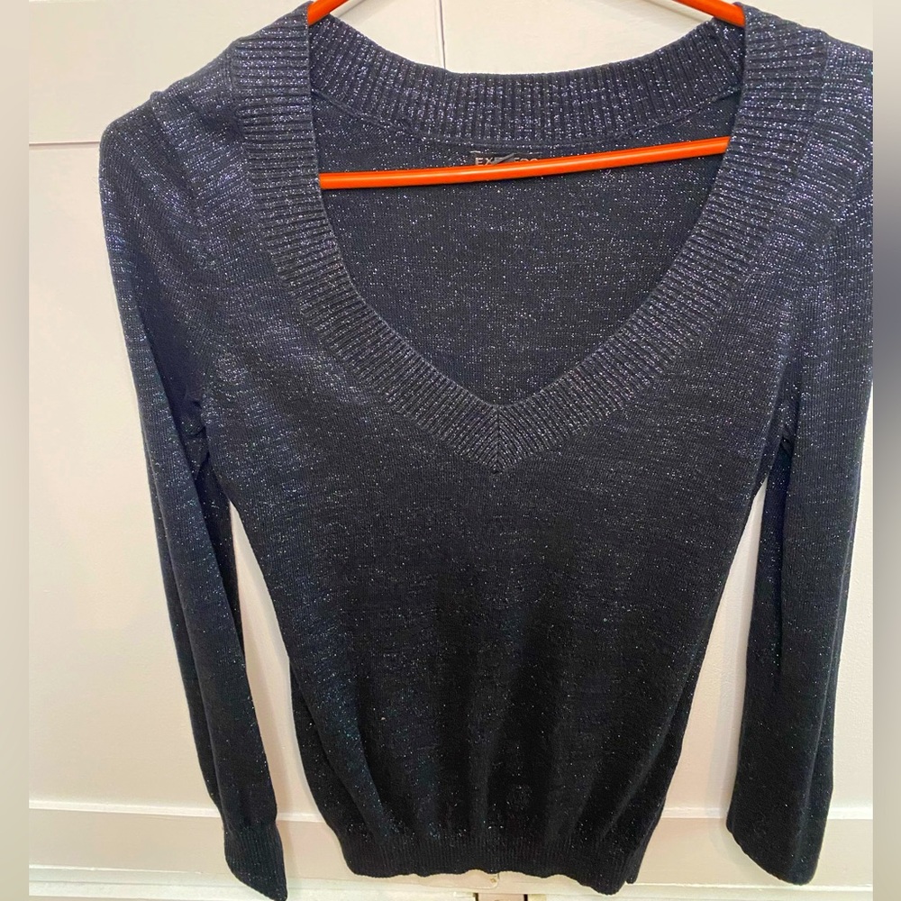 Black shimmer / sparkle thick v-neck sweater - Express
